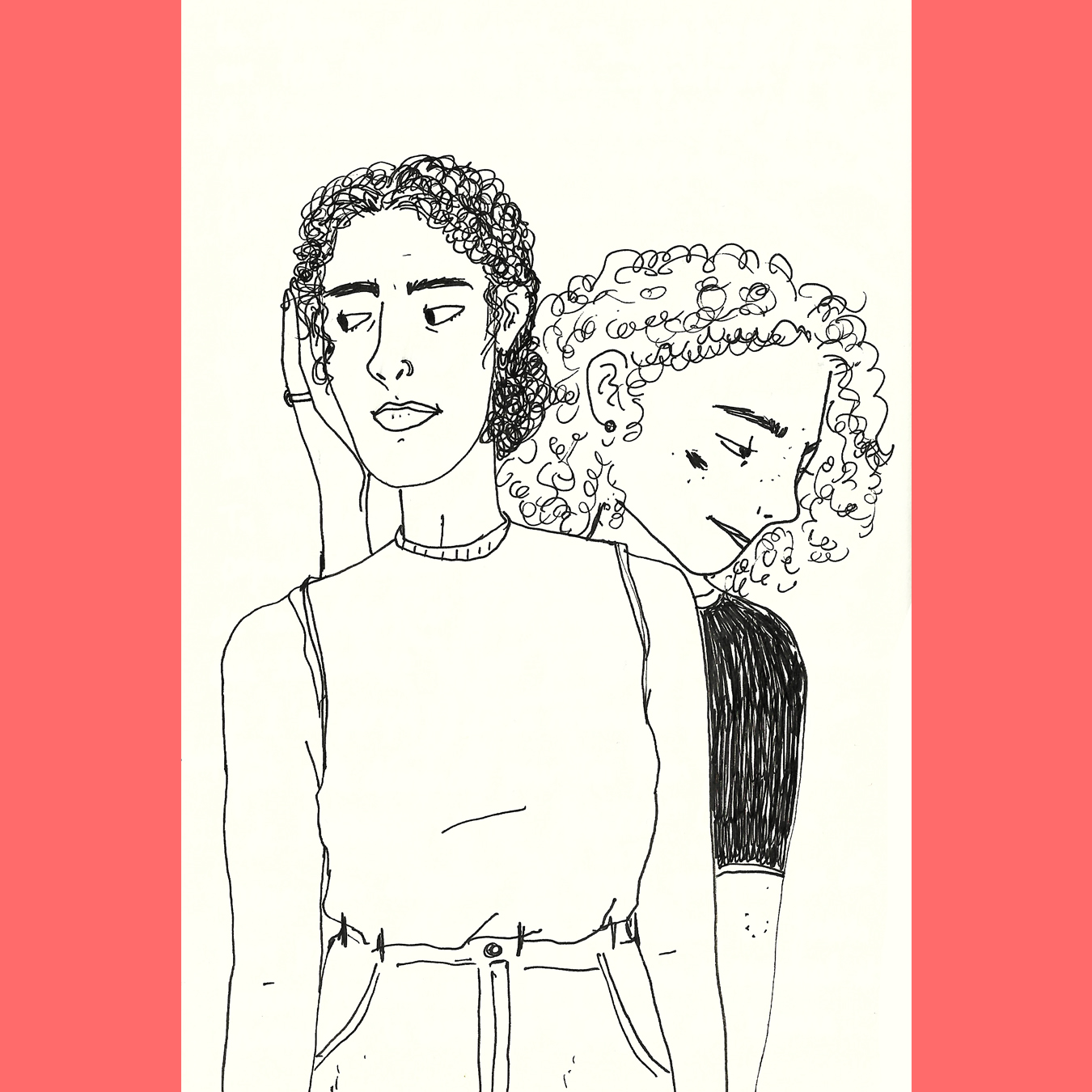 deux femmes dans une étreinte, sur fond rouge