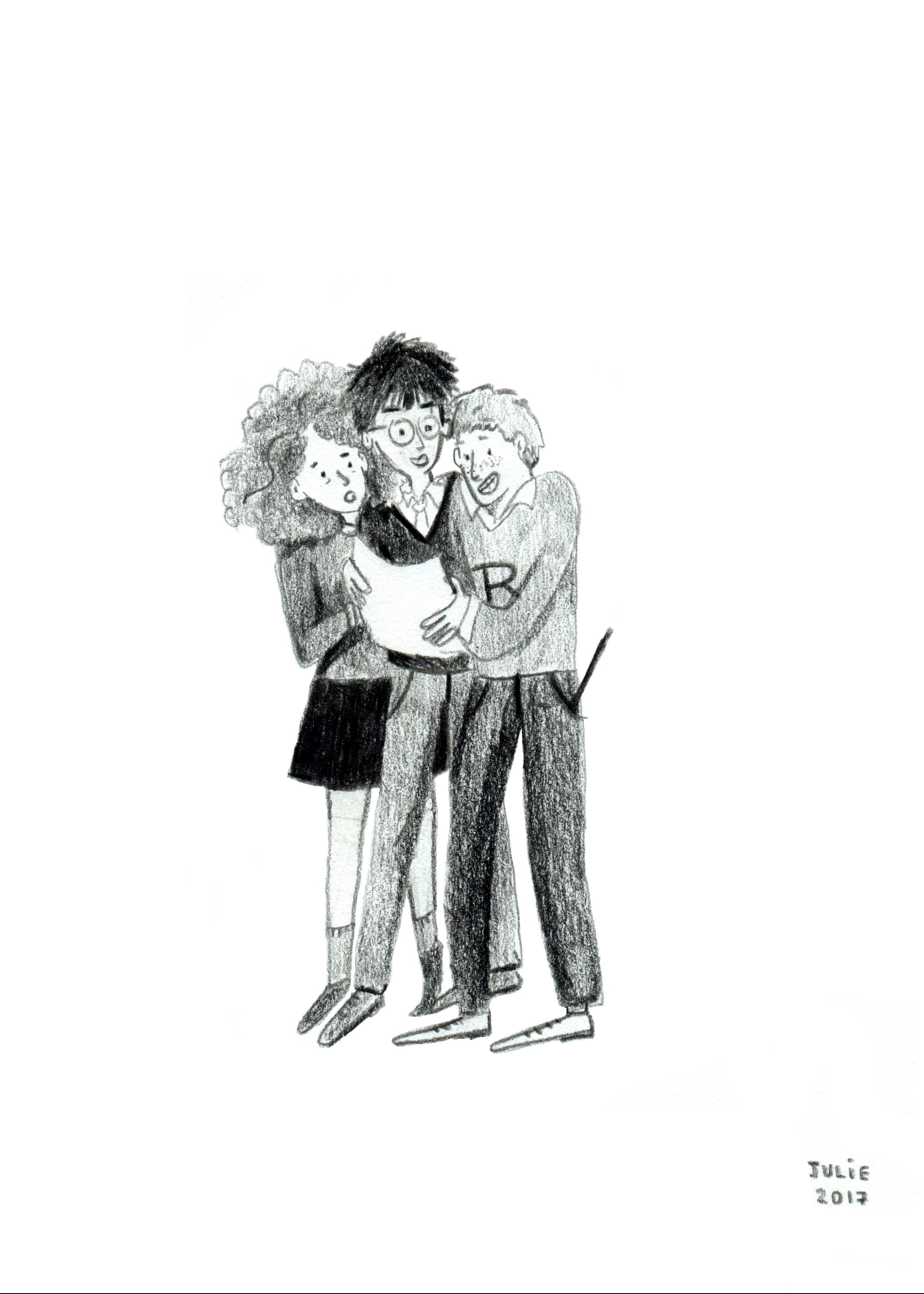 harry, ron et hermione d'harry potter tenant un papier en souriant
