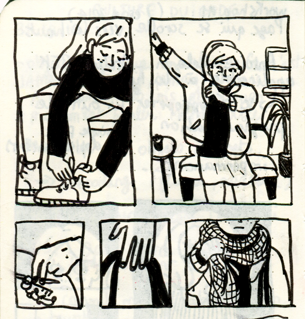 bd en quatre cases d'une fille se préparant à sortir, faisant ses lacets, attrapant ses clefs, ajustant son sac et son écharpe