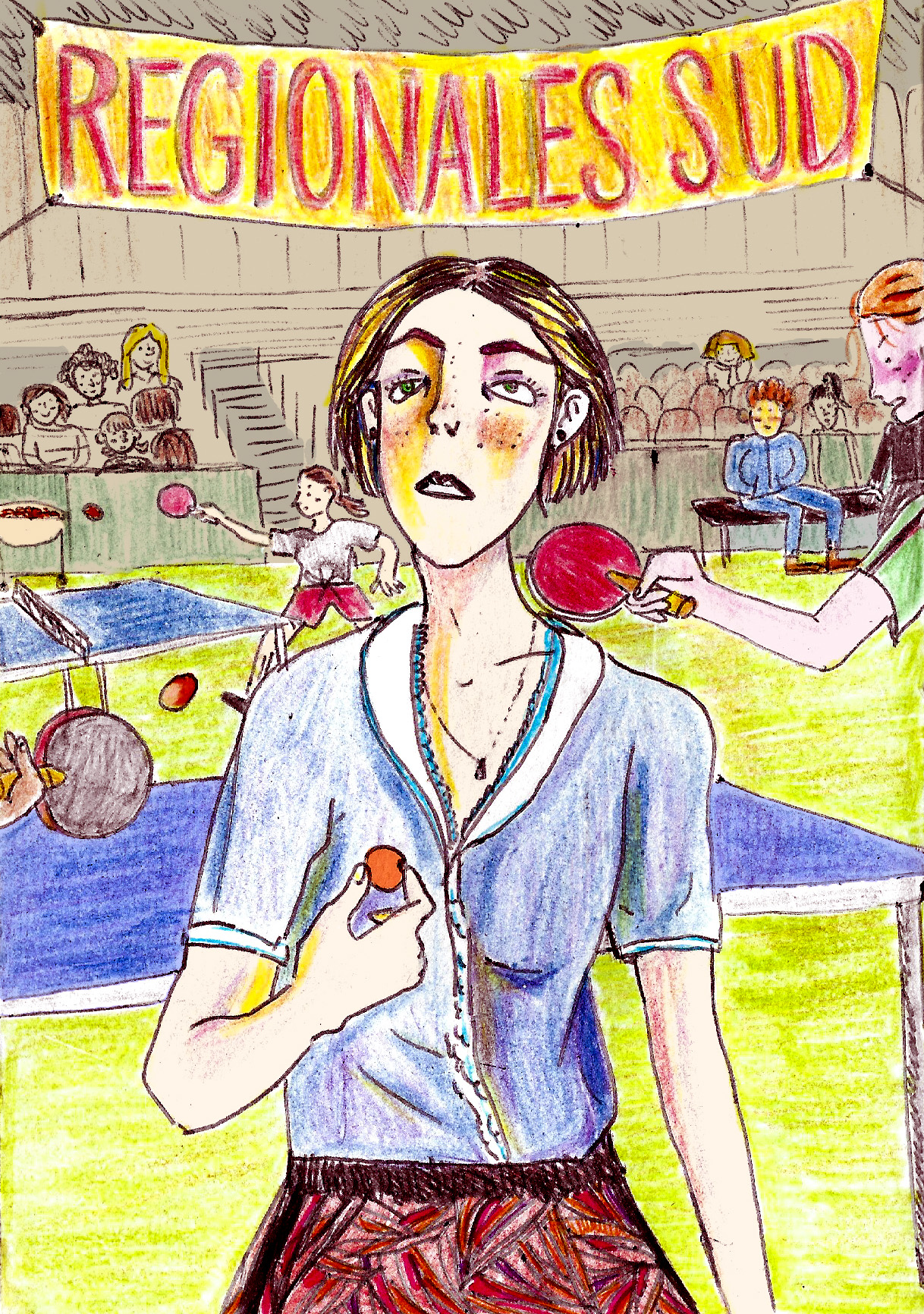 femme tenant une balle de ping-pong, au premier plan d'une compétition régionale