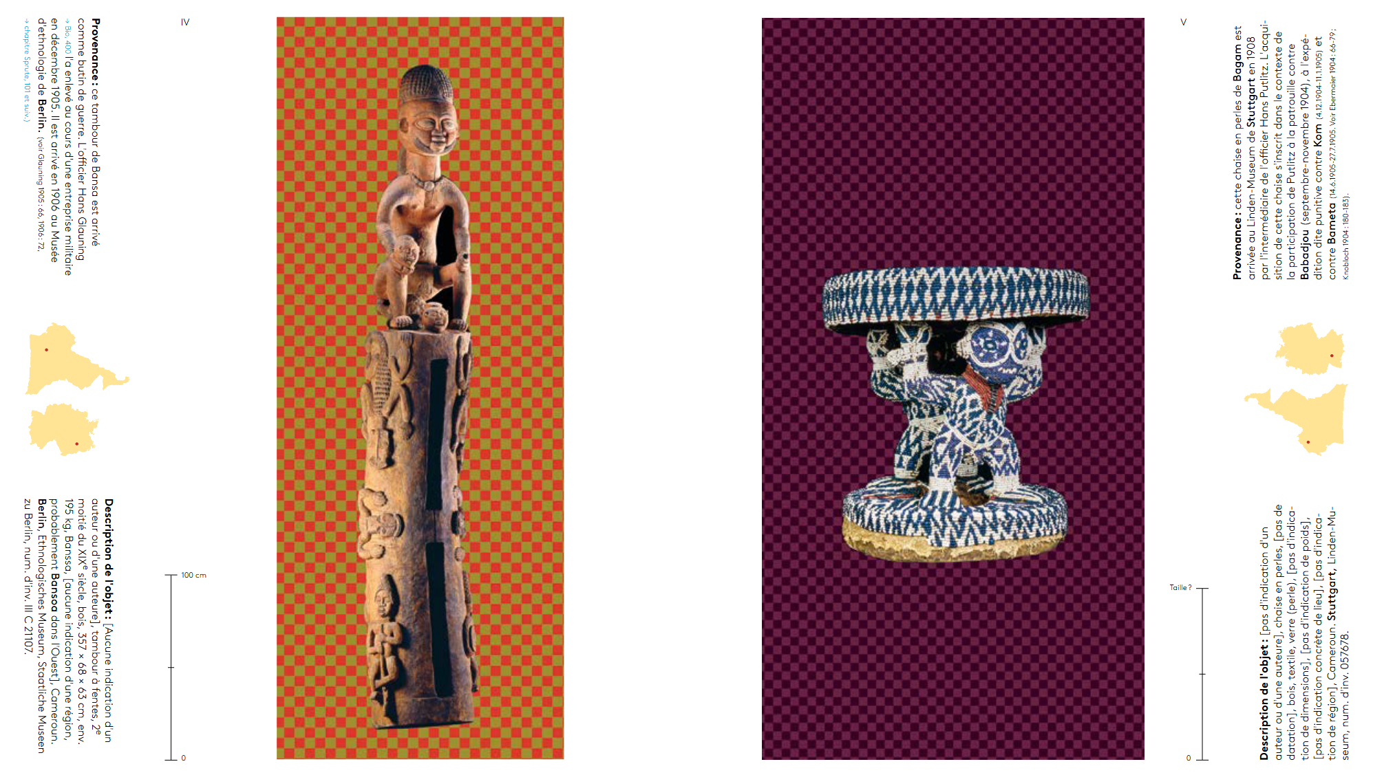 double-page du livre, carnet des objets volés: on voit un tambour en bois sur fond quadrillé rouge et vert à gauche, et une chaise en perles bleue et blanche sur fond quadrillé violet et prune. La provenance et la description des objets est inscrite en marge.