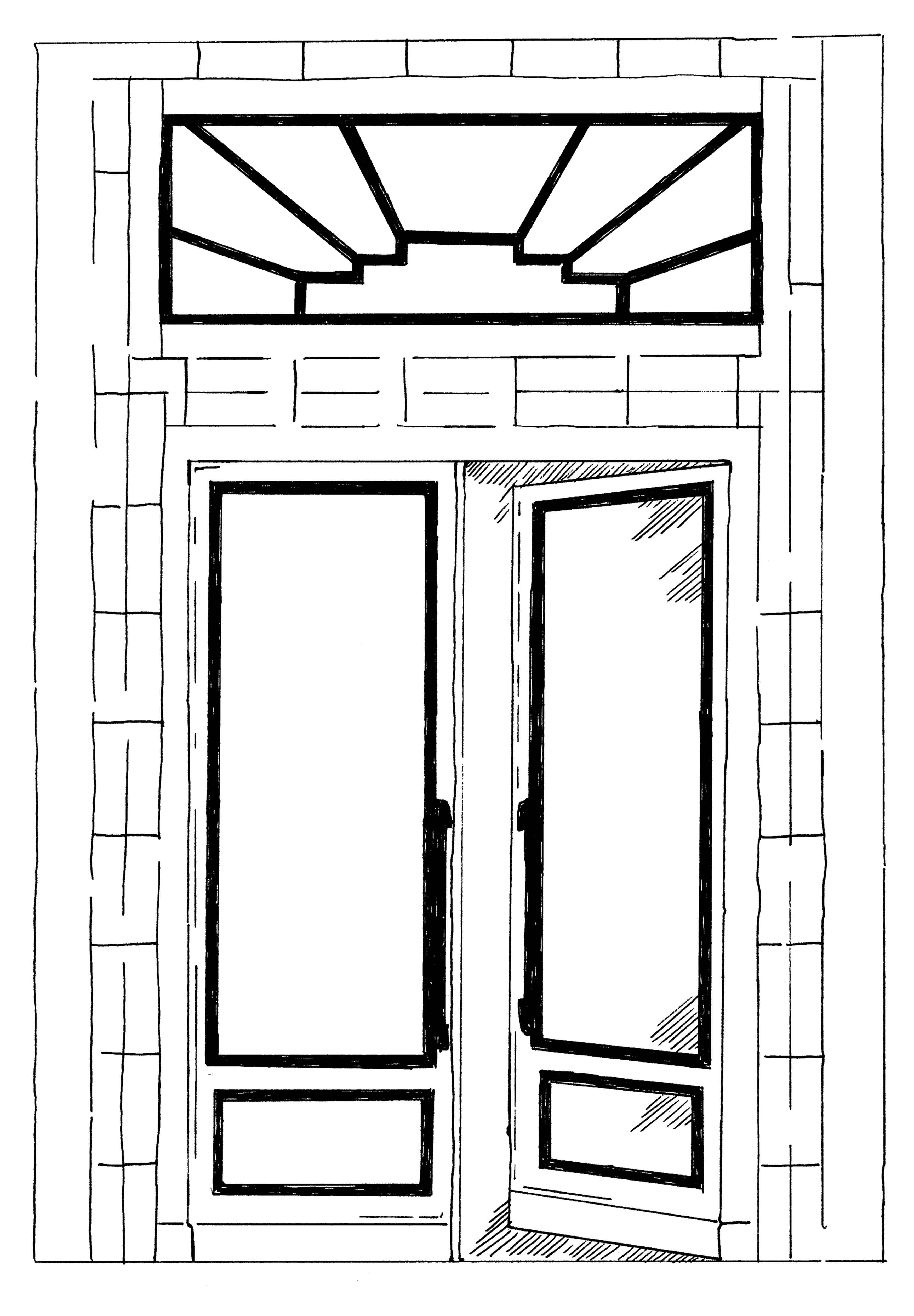 dessin de la porte du restaurant Envie le banquet, trait noir sur fond blanc