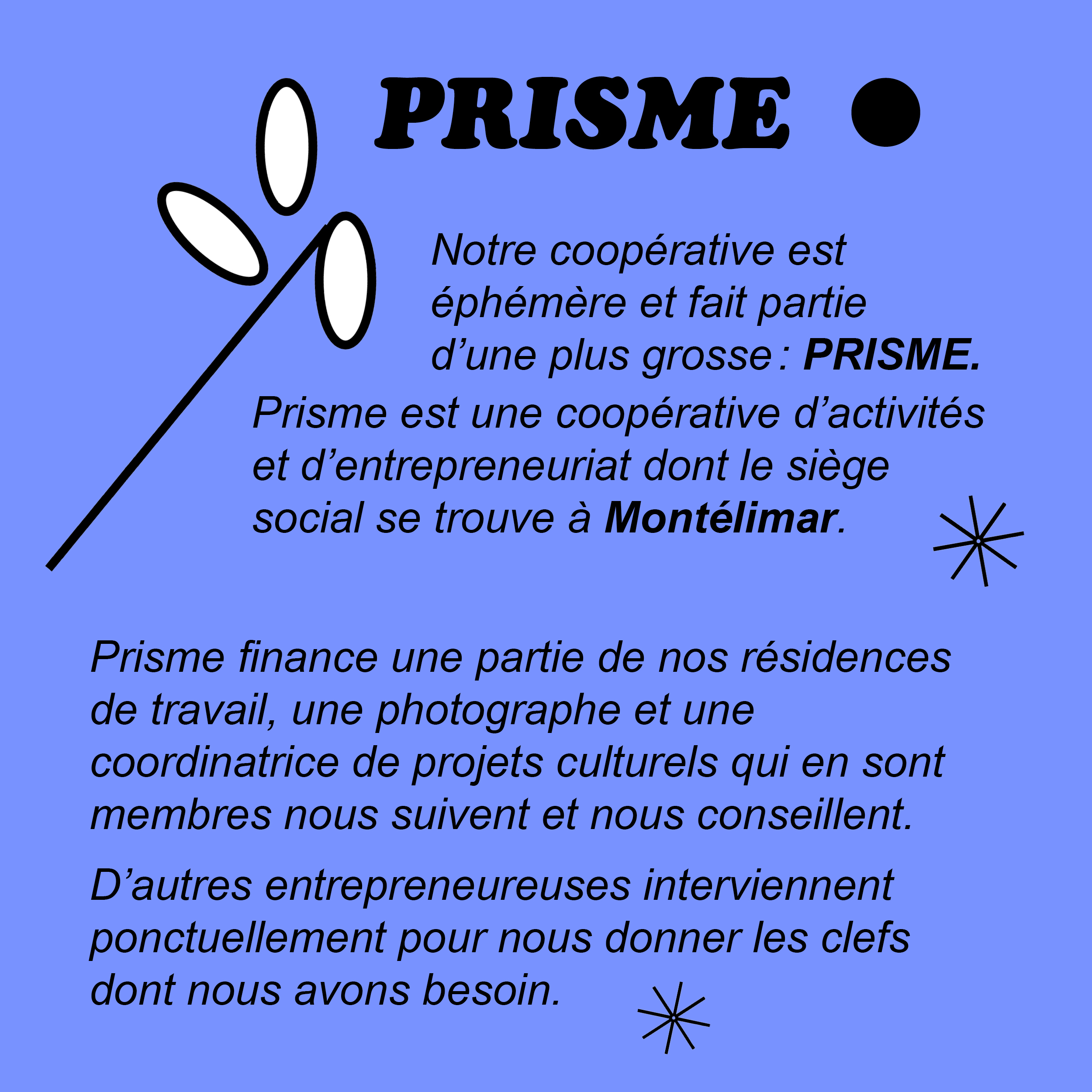 visuel pour les réseaux sociaux du festival Superformances. Présentation de la coopérative Prisme, texte noir sur fond bleu avec des éléments (monnaie du pape, étoiles, point noir) qui flottent autour du texte